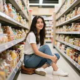 beautiful woman sitting in a highly detailed grocery store isle