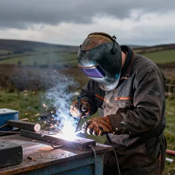 A strong Glaswegian welder leaving work for the day, in the style of Peter Howson,
