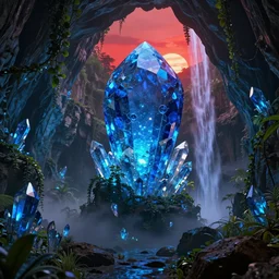 a beautiful and stunning digital render of a humongous sapphire cave, dimly glowing crystals, vines, haze, waterfall, volumetric lighting, photorealistic, red sky, sunset, unreal engine 5, ultra detail, trending on artstation