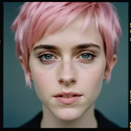 kodak portra 4 0 0, 8 k, highly detailed, britt marling style 3 / 4 photographic close - up face of a beautiful emma watson with pink pixie cut hairstyle, 1 9 4 0, 1 9 4 0 s cyberpunk style, symmetrical, hasselblad x 1 d - 5 0 c, medium format, soft light