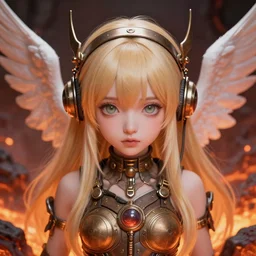 pretty blond dieselpunk seraphim surrounded by lava, perfect symmetrical face, cute face, 8 k, shallow depth of field, 8 k, ultra high detail, concept art,