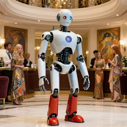 a crazed robot in the lobby of a hotel, elegant, high quality, striking, high contrast, very detailed, bright colours, smooth, fluid, coherent, high quality, dramatic lighting, by frazetta and brom and mort kunstler and alex ross and magali villeneuve and mucha