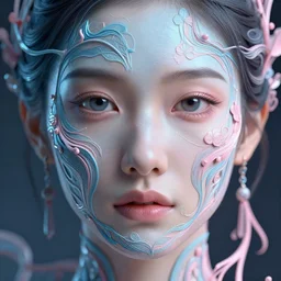 intricate highly detailed face portrait of asian - european woman, light blue - pink water vines on her face, intricate, cgsociety, unreal engine, octane render, sharp focus, smooth, volumetric lighting, cinematic composition, artstation