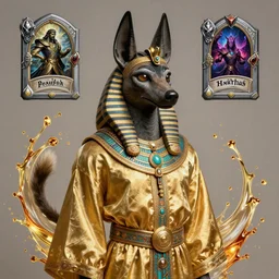 portrait of young arabian nomad half anubian jackal, with golden fabrics, league of legends splash art, prince of persia, castlevania, hearthstone splash art, full body shot, rule of thirds, ultrafine hyperrealistic detailed face, artgerm, greg rutkowski, trending on artstation, 8 k, intricately detailed, highly detailed
