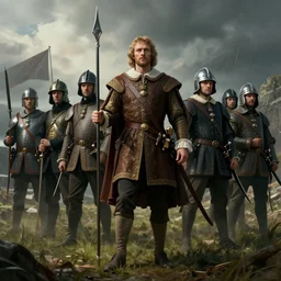king hugh o'donnell of ireland leading irish soldiers against the english in the 1 6 0 0 s, 4 k, concept art, by wlop, ilya kuvshinov, artgerm, krenz cushart, greg rutkowski, pixiv. cinematic dramatic atmosphere, sharp focus, volumetric lighting, cinematic lighting, studio quality