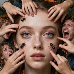 multifaceted detailed insects eyes, reflect in a realistic beautiful human face, surrounded by fabrics, emerging hands and beautiful women ’ s and men screaming laughing and crying face, full colour, upscale, 8 k
