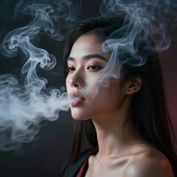 a beautiful filipino woman who is also a dragon breathing out incredible smoke covering her face, thought provoking, matte colors, very very very dramatic lighting, abstract and inspiring digital art trending on artstation
