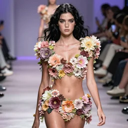 olivia wearing an outfit made from flowers, catwalking at new york fashion week, attractive sporty physique, lush black hair, freckles, pale skin, photo by greg rutkowski, stage lighting, soft colors, female beauty, intricate detail, elegance, 3 5 mm, depth of field, masterpiece