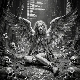 a monochrome symmetric wide shot of Grimes as a fallen angel, sitting in a large glittery hell simulation with skulls and computer code