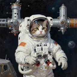 a cat astronaut in front of a space station, oil painting