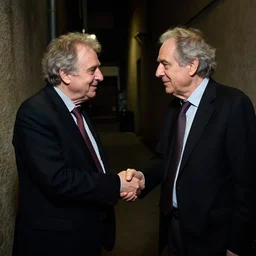 slavoj zizek shaking hands with noam chomsky, in a dimly lit back alley