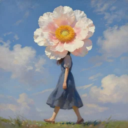 a woman with a giant flower head walking, clouds in the sky, surreal, impressionist painting, digital painting, artstation