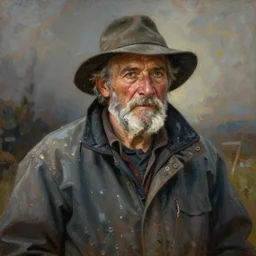 Portrait of a old fisherman in storm jacket and hat, with head of donkey Eeyore from disney cartoon, by Tom Bagshaw and Manuel Sanjulian