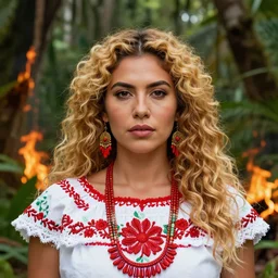 front editorial photo portrait of traditionally dressed aztec female in burning jungle, blonde, curly hair, symmetrical beautiful face, big eyes, freckles, cyberpunk jewelry, native costume and accessories,, fashion editorial photography, hyperrealistic, from vogue magazine, reflections, refraction, gold, teal, orange