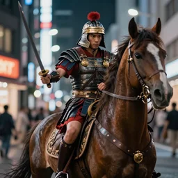 close up macro shot of a roman general riding a horse fighting a samurai with swords on wet tokyo street at night, intricate, hyper detailed, smooth, dramatic lighting, cinematic