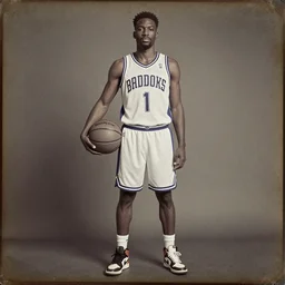 Jarvis Cocker in a basketball jersey, shorts and Nikes while carrying a basketball, daguerreotype