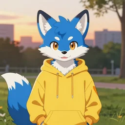 key anime visual portrait of a blue anthropomorphic fox furry fursona wearing a bright hoodie, city park in the background at sunset, modern animation still, 4 k
