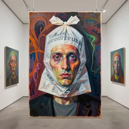 an empty room in the style of constructivism, exhibition of paintings, trash bag on head, risograph grainy painting, blurred, grotesque, doomed, neural acrylic paint, high resolution, gouache on canvas, ultra detailed, vibrant colors, grotesque, wrapped thermal background, slimey, by francis bacon, beksinski painting, close - up wide portrait w 1 0 2