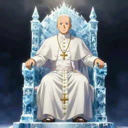 the pope sitting on a throne of ice drawn by studio trigger, in the style of Little Witch Academia, spiritual enlightenment, tradition, conformity, morality, ethics