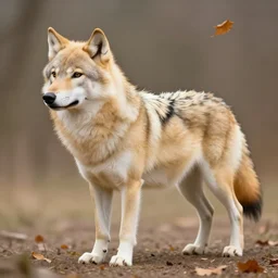 professional stylized digital art of a full - body profile of a cream tibetan wolf, tan and light brown accents, fluffy, falling leaves, hd, 8 k, highly detailed, high quality, cute