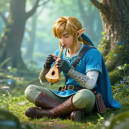 a photorealistic portrait of link sitting in woods of hyrule playing ocarina, with a crystal texture and a dreamy atmosphere ， super wide angle ， matte painting ， rtx on ， trending on zelda ocarina of time