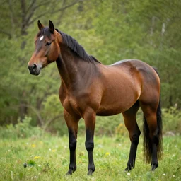a female horse standing in a forest