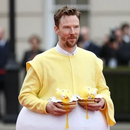 benedict cumberbatch wearing an eggs benedict mascot costume