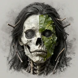 a womans face made of leaf skeleton and twigs in face in the style of the beeple and wlop, octane render, trending in art station, charcoal, beautiful