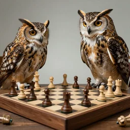 two eagle owls play chess, 8K