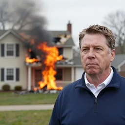 a photo of a house burning down in the background and coach belichick with an blank expression in the foreground, strong depth of field