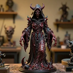 photo taken of an epic intricate, ultra detailed, super realistic sculpture of a wet bloodied slimy nightmarish hellish demonic hooded grim reaper sculpture on display in a workshop, created by weta workshop, full body shots, photorealistic, sharp focus, f 0. 4, face centred, macro photography, golden ratio, golden hour