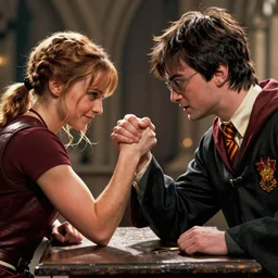 Katniss Everdeen arm wrestling Harry Potter, digital art, artstation