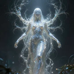 faceless, shrouded figure, powerful being, plant spirit, fractal entity, spirit guide, light being, pearlescent, shiny, glowing, ascending