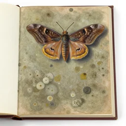 a book with overgrown mold, moth. painting by frank sedlacek.