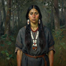 indigenous woman warrior in the forest, painted by lucian freud, hd, super detailed, realistic, muted colors