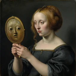 strange mutant fungic woman holding a round mask mirror. painting by jan van eyck