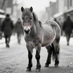 award winning photo by saul leiter of a tiny gray horse standing in the street, tiny gaussian blur, insanely detailed, insanely intricate, depth of field, low contrast, snowy, wide aperture