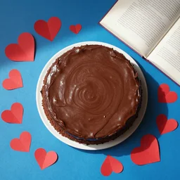 flatlay chocolate cake and book, vivid colors, dramatic lighting, paper hearts