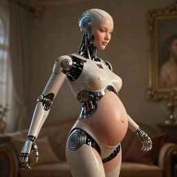 pregnant female cyborg, robot anatomy elements, female body elements, cozy atmospheric and cinematic lighting, ultra rendered extreme realism and detail, 8 k, linear gamma, dynamic pose, dissolution filter, turbulence filter, sophisticated composition, old masters light composition, procedurally generated, pbr, photorealistic, sharp focus