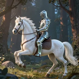 a knight wearing armor of glass and thorns that rides a white unicorn into a forest clearing, by weta digital, illustration, radiant evening light, awe inspiring