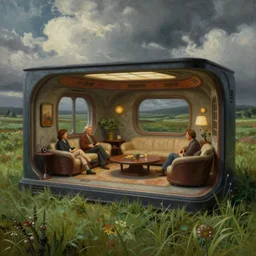 highly detailed science fiction painting turned into a diorama sculpture depicting a futuristic lounge room on the edge of a meadow with billowing clouds. styling by norman rockwell, frank frazetta, and syd mead. rich colors, high contrast, gloomy atmosphere. trending on artstation.