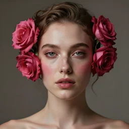 meredit frampton style hight focus of a wonderful realistic sweet wonderful symmetrical portrait of a lady with a clear skin made of roses, rembrand light, dramatic light, cinematic, artstation, octane render 8 k s 1