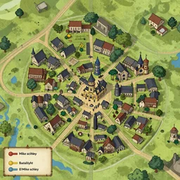 “detailed map of a small fantasy town in the style of Mike schley”