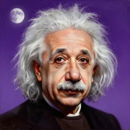 breathtakingly beautiful painting of an elegant albert einstein, beautiful hair, symmetrical face, moonlit purple sky, matte painting by brian froud, shaun tan, wlo and peter mohrbacher, highly detailed, intricate,, award winning artwork, trending on artstation, high quality printing, fine art with subtle redshift rendering