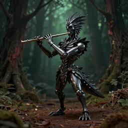 biomechanical man half birld called papageno matte black metal dark studio 4k darkgreen darkred playing a flute in the forrest
