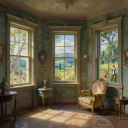 matte sharp painting shabby chic room with windows james gurney, artgerm, lisa frank, artstation behance storybook gary baseman, preston blair, tex avery, dan mumford, pedro correa
