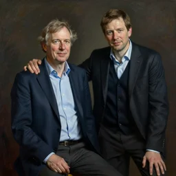 Stationary portrait of Geert Wilders placing his hand on the shoulder of Thierry Baudet who is sitting on his side in the style of Charley Toorop