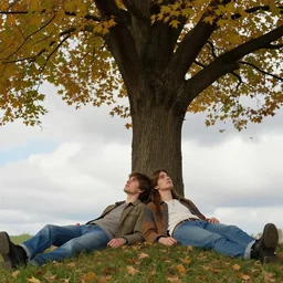 young man and woman with long brown hair, laying under a tree looking at clouds autumn, ( ( ( wearing jeans ) ) ), by ( ( ( charles sillem lidderdale ) ) ), stanley artgerm lau, greg rutkowski, thomas kindkade, alphonse mucha, loish, norman rockwell