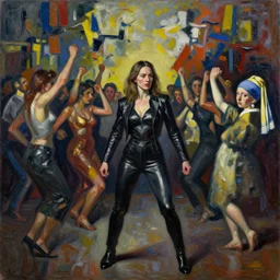 beautiful realistic standing portrait painting of dancing crowd at indie rock concert in front of an abstract expressionist painting, painted by dana schutz and elaine de kooning and vermeer, intense metallic colors palette cinematic lighting dark shadows formal composition, impasto oil painting spectacular detail trending on artstation 8 k