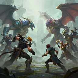 low scaled hyperrealism fantasy creatures fight scene with characters from league of legends portrait, digital art, wallpaper of an fantasy fight, background of sci fi city in fog, diffused lighting, 8 k dop hdr